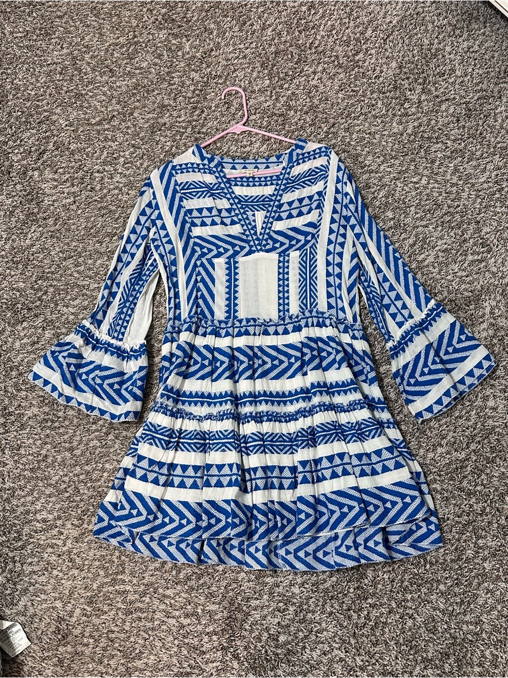 En Crème women’s  Blue & White Aztec Print Tiered Casual Dress size medium